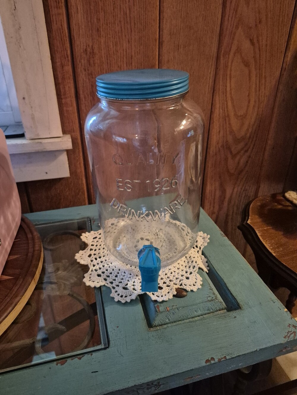 ❤️🔥 Glass Blue Metal Lid Drink Jar With Pour Spout